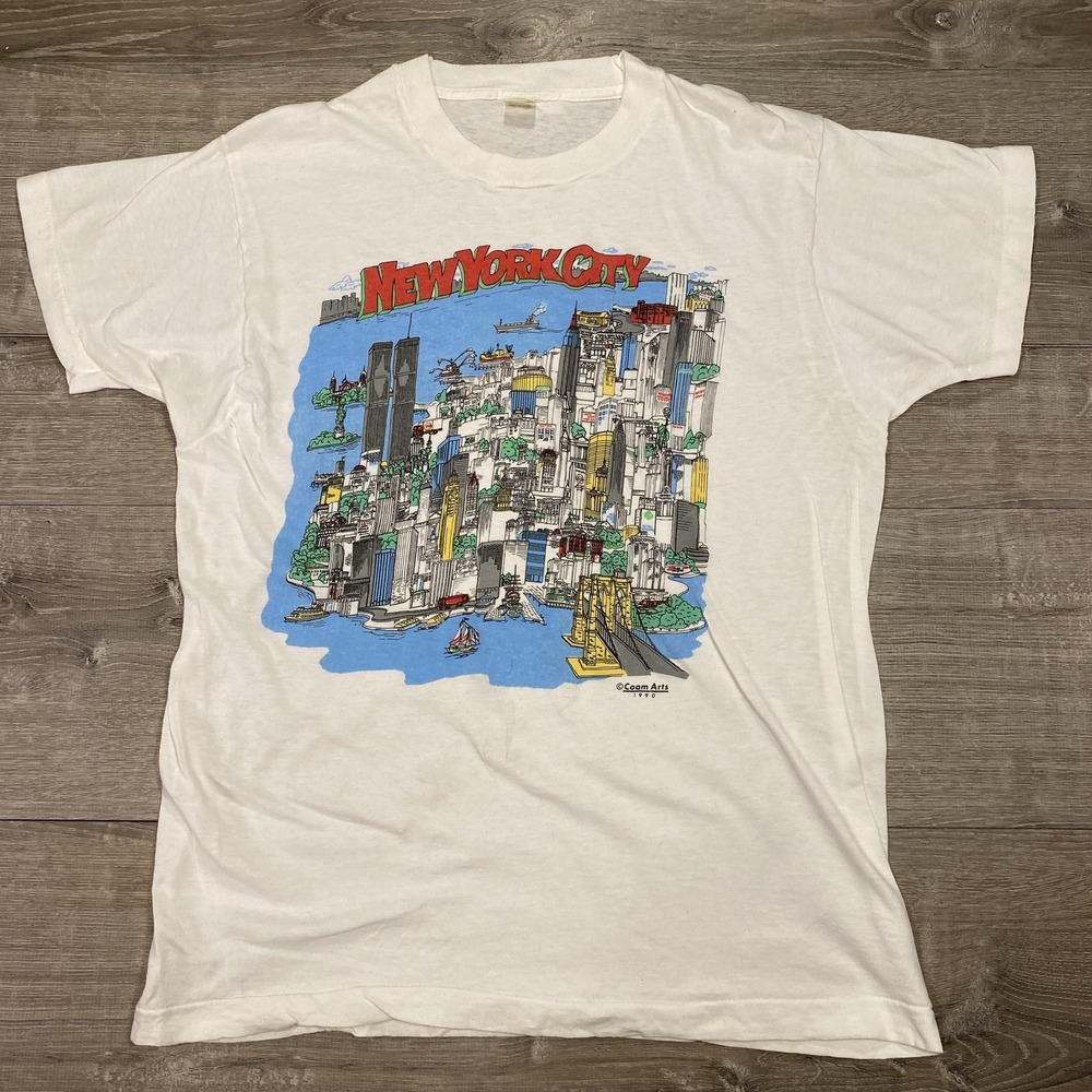 Vintage New‎ York City Shirt Mens XL White Coam Arts Skyline Twin Towers 90s